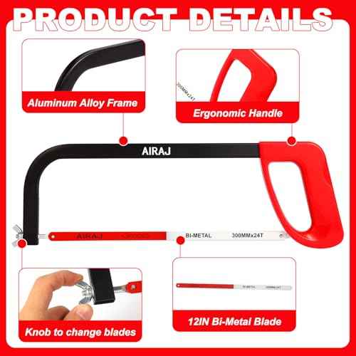 AIRAJ 12 In High-Tension Hacksaw with 24 TPI Bi-Metal Blade,Hand Saw Suitable for Metal, Wood, PVC