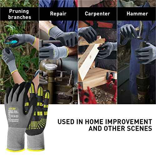 LOCCEF Safety Work Gloves MicroFoam Nitrile Coated-6 Pairs,Endurance Seamless Knit Nylon,Dots on palm,Tacky Dot Grip Gloves