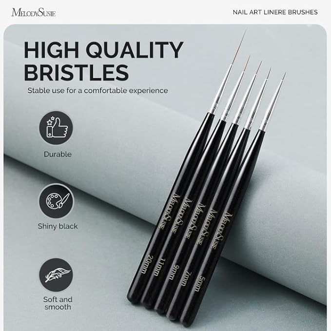 MelodySusie Nail Art Liner Brushes 5Pcs Professional Gel Polish Painting Art Design Pen Set for Thin Long Lines, Tiny Details, Fine Drawing, Delicate Coloring Sizes 5/7/9/11/20mm