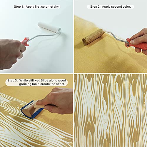 Hanroy Wood Graining Painting Tool, Rubber Empaistic Wood Grain Tool with Wooden Handle Household Wall Art Paint(MS19A)