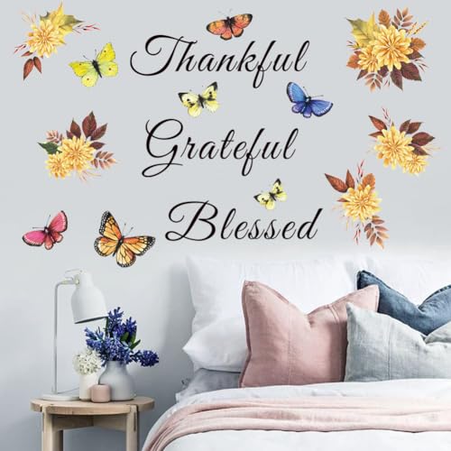 Inspirational Wall Decal Quote Grateful Thankful Blessed Wall Decor Removable Peel and Sticker Vinyl Wall Paper Wall Sticker for Kitchen Dining Room Living Room Bedroom.