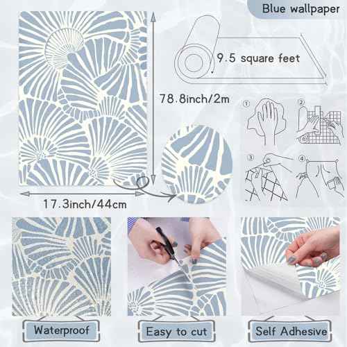 White and Blue Wallpaper Peel and Stick Wallpaper Boho 17.3"¡¿78.8" Modern Wall Paper Removable Self Adhesive Wallpaper for Bedroom Blue Contact Paper for Cabinets Drawers Shelf Home Decor Vinyl Film