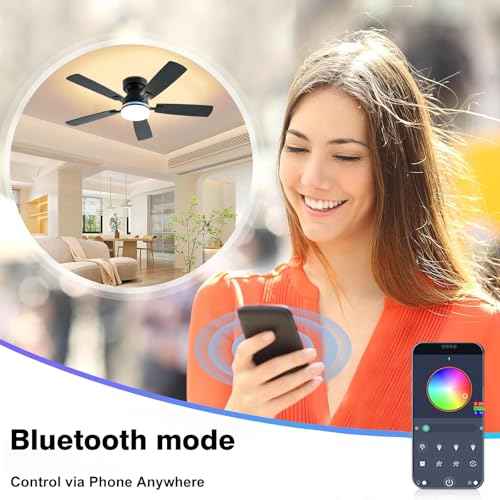 Ceiling Fans with Lights, 48 inch Low Profile Ceiling Fan with Light and Remote Control, Flush Mount RGB Dimmable Light, Noiseless, Black Ceiling Fan for Bedroom Indoor/Outdoor Use