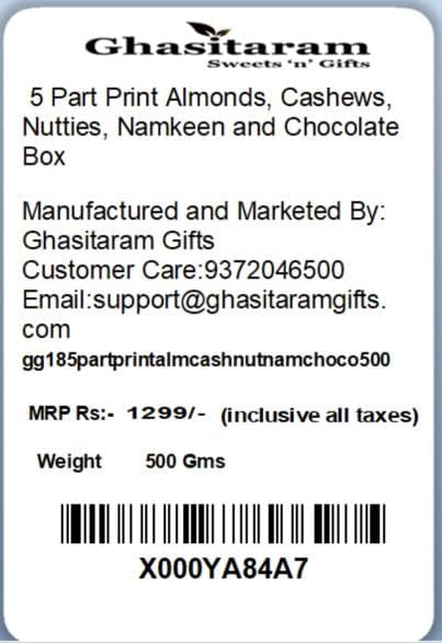 Ghasitaram Gifts Rakhi Gifts for Brothers Rakhi Dryfruit Hampers - 5 Part Print Almonds, Cashews, Nutties,Namkeen and Chocolate Box with Pearl Rakhi