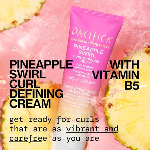 Pacifica Pineapple Swirl Curl Defining Cream – Bounce, Frizz Control & Curl Enhancer Styling Cream for Curly Hair & Wavy Hair – Coconut Oil & Hyaluronic Acid For No-Crunch Hold – Cruelty-Free – 4-oz