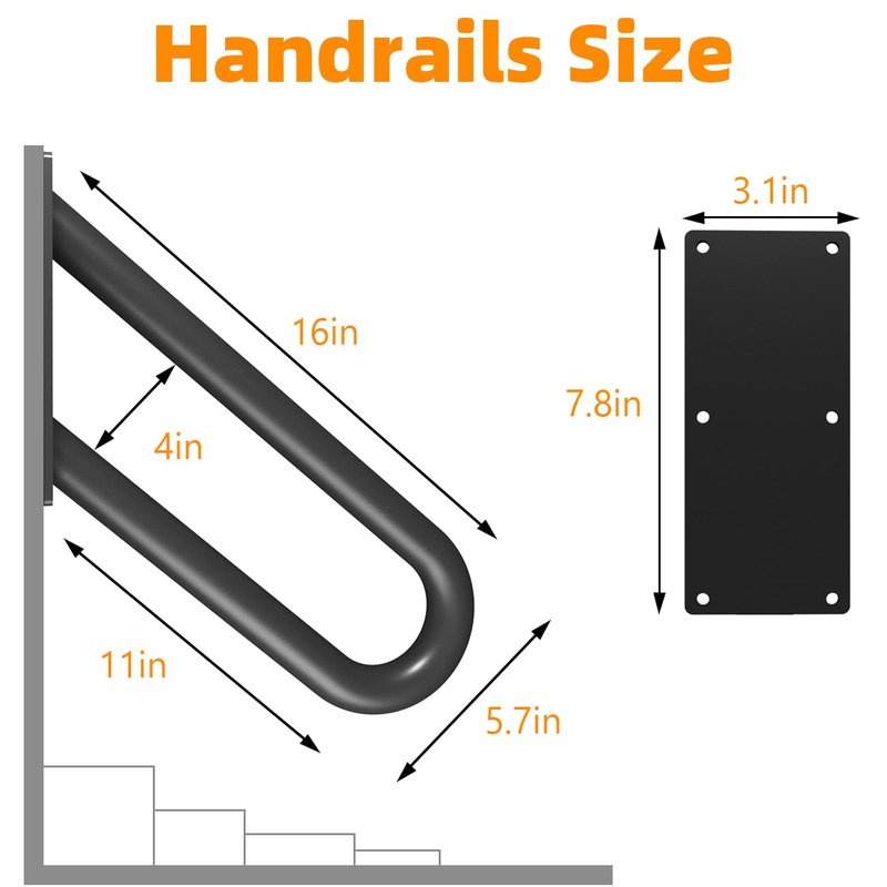 Hand Rails for Outdoor Steps Stair Railing Indoor Rail Metal Heavy Duty Non-Slip 1-3 Step Wall Mount Grab Bars U-Shape Safety Handle Garage Porch Courtyard Doorways 16 INCH Garden