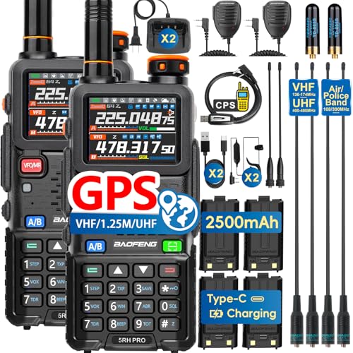 Ham Radio BAOFENG Radio 5RH PRO GPS 10W High Power(4PCS Batteries, 8 Antennas) Walkie Talkies Long Range, APRS, Air Band, NOAA Emergency Weather Alarm for Survival Gear Hunting Camping 2 Pack Full Kit