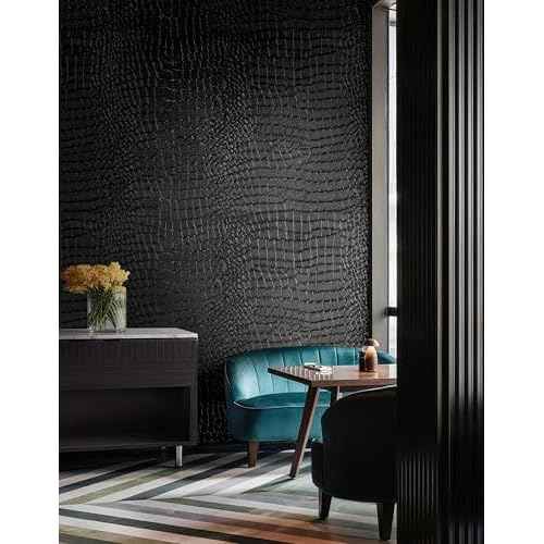 Peel and Stick Wallpaper Black Crocodile Wall Paper Modern Textured Self-Adhesive Removable Contact Paper Thicken Waterproof Easy to Clean Decorative for Bedroom Bathroom Film 118 "x15.75