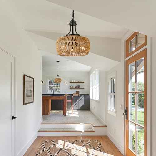 Chandeliers for Dining Room, 3-Light Boho Chandelier with Wicker Lampshade, Adjustable Height Coastal Chandeliers, Vintage Pendant Lighting for Kitchen, Bedroom.(Brown)