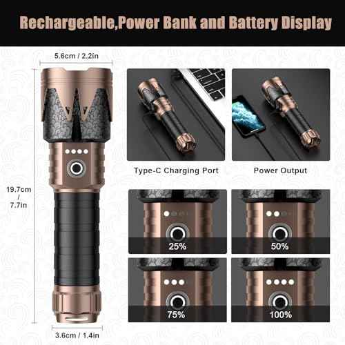 SKYFIRE LED Flashlights High Lumens Rechargeable,5000mAh Super Bright Tactical Flashlights,Zoomable,6 Modes,Waterproof Flash Light for Camping Essentials,Outdoor,Home,Gifts(Upgraded- No Lens)