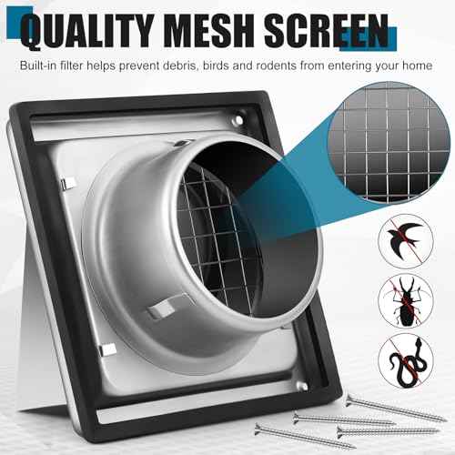 Gisafai 4" Outside Dryer Vent Cover for Exterior Walls Exhaust Vent Cap with Removable Extension Pipe Stainless Steel Hood Cushioned Non Return Flap with Sealing Gasket Grille Screen