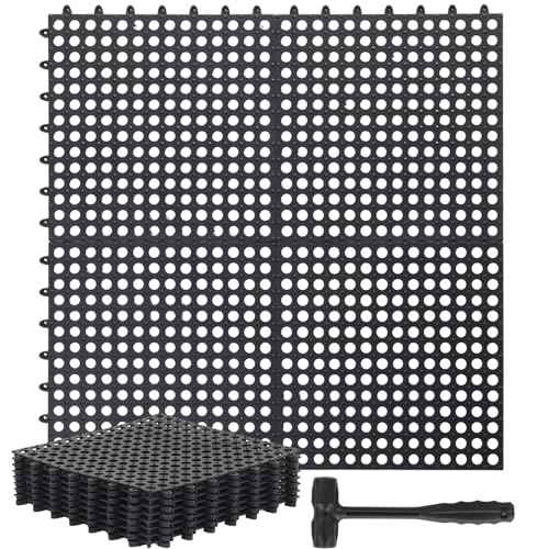 12 Pack Drainage Tiles Modular Interlocking Floor Tiles with 1 Pc Plastic Hammer 12" x 12" Cushion Mat Non Slip Rubber Floor mat with Holes for Pool Bathroom Deck Kitchen Patio (Black)