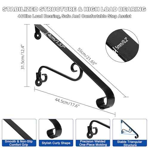 21.7" Outdoor Stair Handrails,1-2 Steps Stairs Rails-Wall Mounted Wrought Iron Hand Railing-Staircase Grab Rail-Heavy Duty Metal Art Handrail for Outdoor Steps-Porch Garage-Anti-Corrosion Carbon Steel