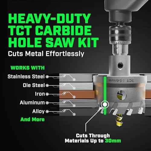 Tungsten Carbide Hole Saw Kit 22 Pcs ? Carbide Hole Saw Set 9/16" to 2-1/8" for Metal, Stainless Steel, Wood ? Includes 2 Drill Bits, Deburring Tool, 4 Blades, 3 Allen Wrenches ? Industrial & DIY Use