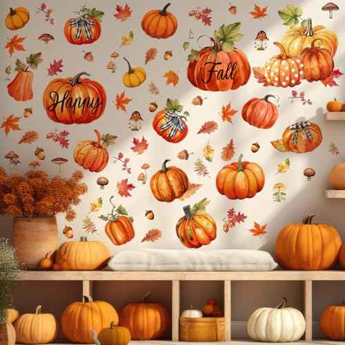Eersida 6 Sheets 89 Pcs Thanksgiving Wall Decals Fall Oil Painting Pumpkin Wall Decals Maple Leaves Stickers for Thanksgiving Glass Autumn Home Decor and Fall Decoration Kitchen Living Room