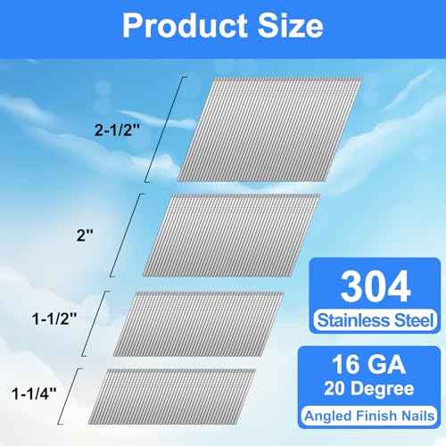 16 Gauge Angled Finish Nails 304 Stainless Steel,(1-1/4", 1-1/2", 2", 2-1/2"), 20-Degree,Assorted Size Project Pack for Pneumatic, Electric Finish Nailer or Nail Gun (Assembly 1000)