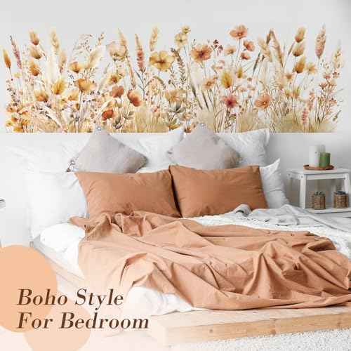 Janlaugh 4 Pcs Boho Flower Wall Decals Wildflower Wall Stickers Large Flower Grass Fall Stickers for Nursery Bedroom Living Room Peel and Stick Wildflower Decals for Wedding Shower Decoration