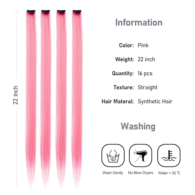 Colored Clip in Hair Extensions 20Inch Straight Syntactic Pink Color Hairpiece Rainbow Party Highlights for Women 16Pcs (Pink Ã¢ÂÂ¡)