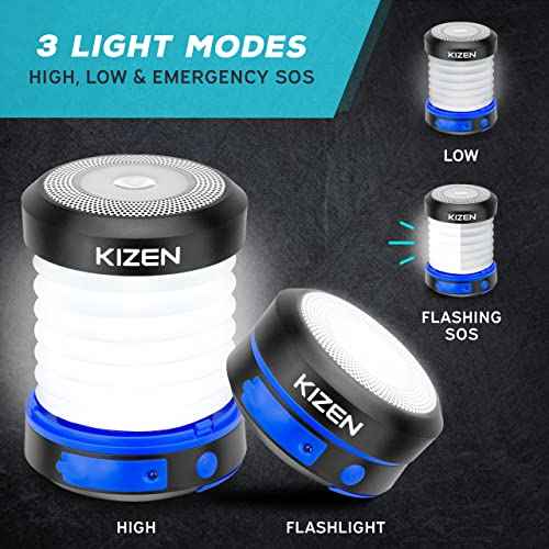 Kizen Solar Camping Lantern Rechargeable - LED Lanterns for Power Outages, & Camping Lights - Collapsible & Rechargeable Lamp with Solar or Plug - Hiking Gear