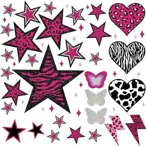 TwoDays 100PCS Y2K Room Decor Aesthetic Wall Decal, 2000s Mcbling Vinyl Peel and Stick Stickers for College Teen Girls Bedroom, Pink Stars Trashy Y2k Decorations for Women Apartment.