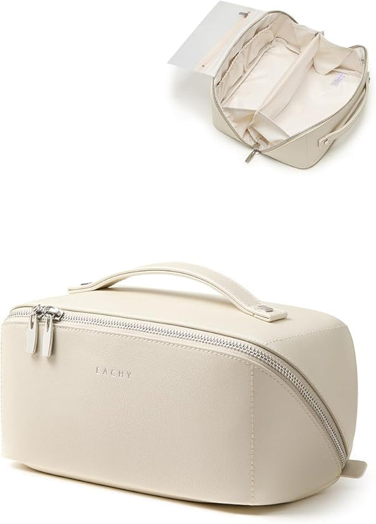 EACHY Travel Makeup Bag, Large Capacity Cosmetic Bag for Women, Waterproof PU Leather, Flat Open Portable Toiletry Bag for Skincare, Brushes & Travel Essentials