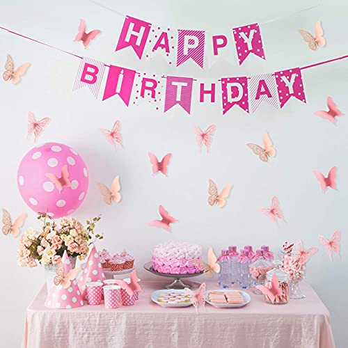 Outus 144 Pieces 3D Butterfly Wall Stickers Decor 3 Styles Butterfly Decals DIY Decorative Wall Art Cutouts Crafts Removable for Room Wedding Flower Party Decorations,(Pink)