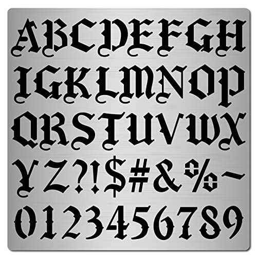 GORGECRAFT 6.3 Inch Metal Gothic Font Lettering Stencil 1" High Stainless Steel Old English Font Ancient Alphabet Number Template Runes Punctuation Stencils for Painting Wood Burning Engraving Crafts