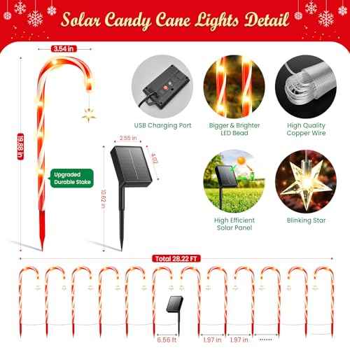 24 Pack Christmas Decorations Outdoor Solar Candy Cane Lights, Solar Christmas Pathway Lights with USB Charge, 10 Modes 144 LEDs Waterproof Outdoor Christmas Decorations for Yard Garden Pathway