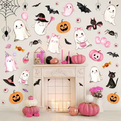 Whaline 9 Sheets Halloween Wall Stickers Pink Ghost Pumpkin Bats PVC Wall Decals Cute Self-Adhesive Decoration for Halloween Party Home Classroom Office