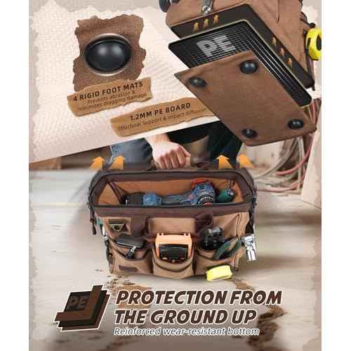 ARCFOX 14 Inch Portable Electrician Tool Bag 21 Pockets - Heavy Duty 16OZ Canvas Tool Bags Organizer with Wide Mouth & Adjustable Shoulder Strap for HVAC, Mechanics, Maintenance, UTV-Effortless Carry