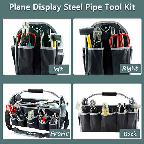 16in Tool Bags For Men Heavy Duty, Tool Bag Organizer Foldable Open Top Tool Bags, Tool Tote Bag With Handle, Wide Mouth Electrician Tool Tote, 22 PCS Pockets Tool Carrier, Grey