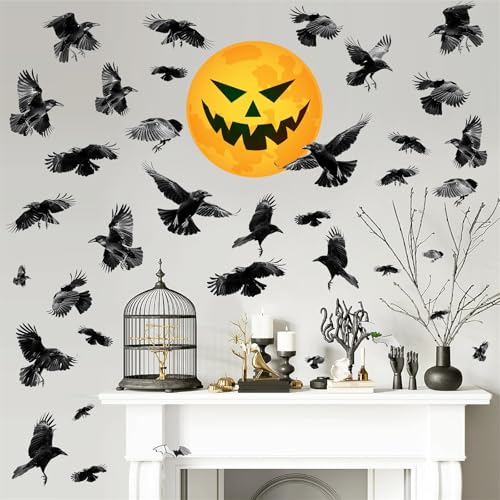 Halloween Decoration Decals for Wall Scary Indoor Halloween Sticker Decor Moon Crow Sticker Halloweens Window Decal Peel and Stick Black Crow Art Murals for Living Room Bedroom Haunted House Supplies