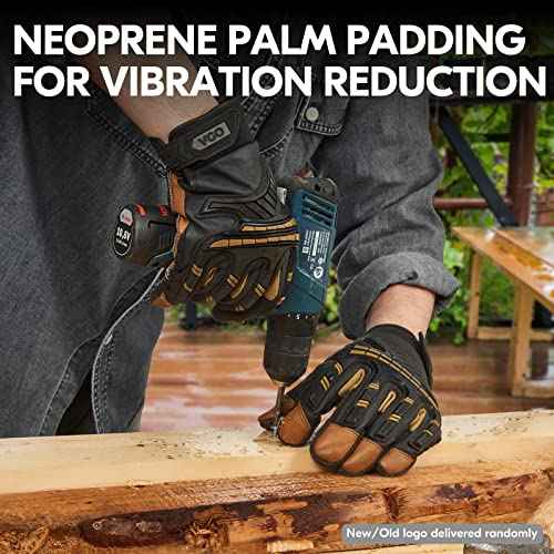 Vgo... 1-Pair High Dexterity Water Repellent Goat Leather Heavy Duty Mechanic Glove,Rigger Glove,Anti-Vibration,Anti-Abrasion,Touchscreen (Size L,Brown,GA8954)