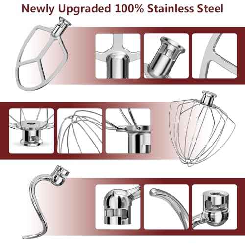Stainless Steel Attachments 3-Piece for KitchenAid 5.5-6 QT Bowl-Lift Stand Mixer and Mixing Bowl,Includes Wire Whisk, Flat Beater, Dough Hook,Dishwasher Safe and Heavy Duty