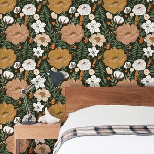 WENMER Floral Peel and Stick Wallpaper - Green White Boho Daisy Peony Contact Paper - Vintage Self Adhesive Removable Wallpaper for Bedroom Bathroom Cabinet - 17.7" x 118"
