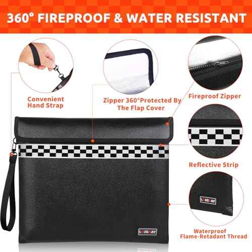 6200¡ÆF Fireproof Document Bag with Fireproof Zipper, Fireproof Bag with Reflective Strip, 9 Layers of Heat Insulated Materials, Fireproof Money Bag for Cash, 13"x11" Fireproof Pouch with Hand Strap