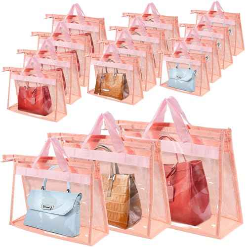 15 PCS Dust Bags for Handbags,Purse Protector Storage Bag,Purse Cover Hanging Closet Organizer with Zipper Handle,Clear Handbag Storage Organizer for Closet,3 Assorted Sizes(Pink)