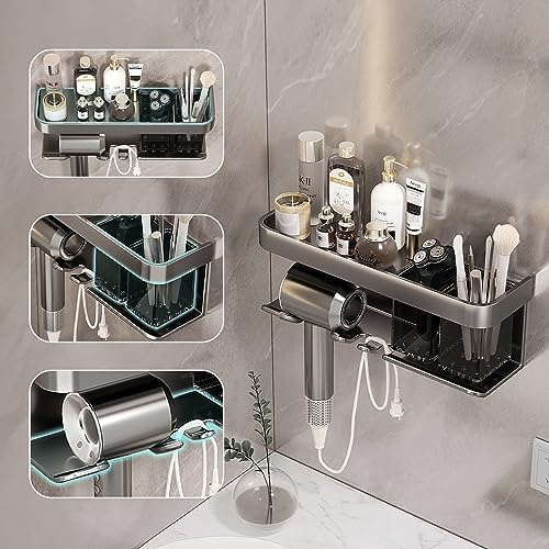 Hair Dryer Holder, Blow Dryer Organizer, Hair Dryer Holder Wall Mounted with Shelf for Bathroom, Salon, Bedroom Organizers & Storage(Matte Grey)
