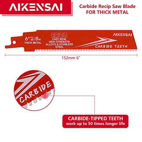 3-Pack 6 Inch 8TPI Carbide Sawzall Blades for Thick Metal Carbide Reciprocating Saw Blades for Cast Iron and Alloy Steel Compatible with Milwaukee Makita Dewalt Ryobi etc