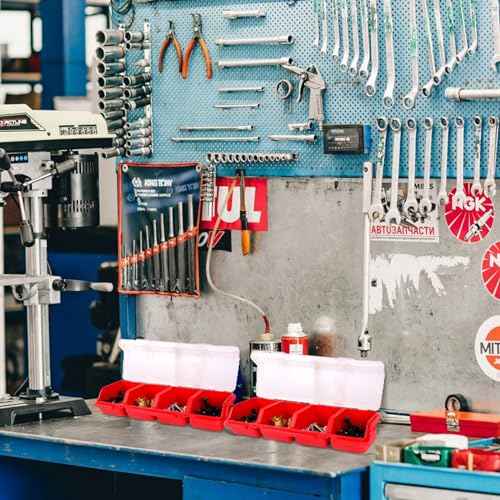 4 Pcs Screw Organizers, Stackable Bins with Lids Plastic Hardware Organizer Box with Compartment Bolt Organizer Plastic Divided Storage Containers for Garage Tools Nails Small Parts (RED)