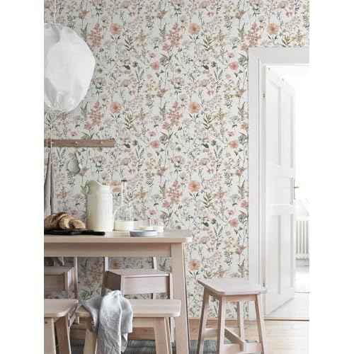 Orainege Pink Floral Peel and Stick Wallpaper Removable Self Adhesive Wallpaper 16.9inx118.1in Modern Wall Paper for Bedroom Bathroom Green Leaf Contact Paper for Cabinets