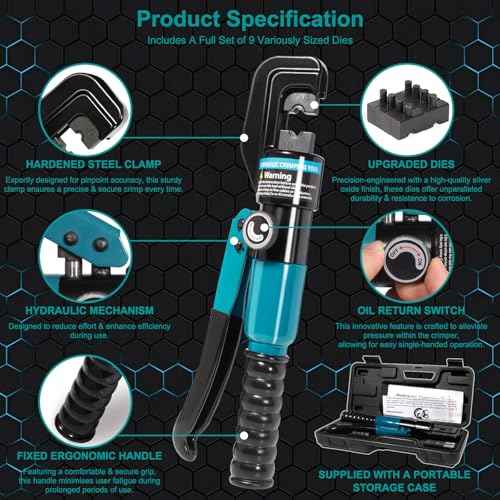 10 Tons Hydraulic Crimping Tool, Hydraulic Crimper for 12 AWG to 2/0 AWG Battery Cable,1/16" 1/8" 3/16" Stainless Steel Cable, Battery Cable Crimper Tool with Cable Cutter & 9 Dies