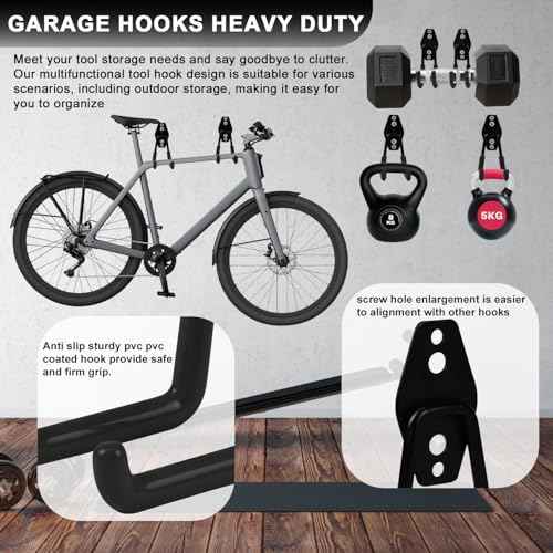 Garage Hooks, 12 Pack Heavy Duty Wall Mount Storage Hanger, Steel Garage Storage Hooks for Ladder, Bike, Garden Tool with Extension Cord Holder Organizer (Black)