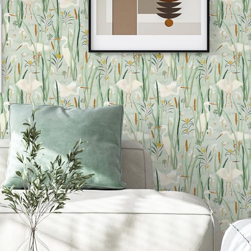 Ismoon Green Peel and Stick Wallpaper Boho Nursery Wall Paper Crane Egret Light Green Contact Paper Vinyl Removable Wallpaper for Cabinets Shelf 16.1x78.7in