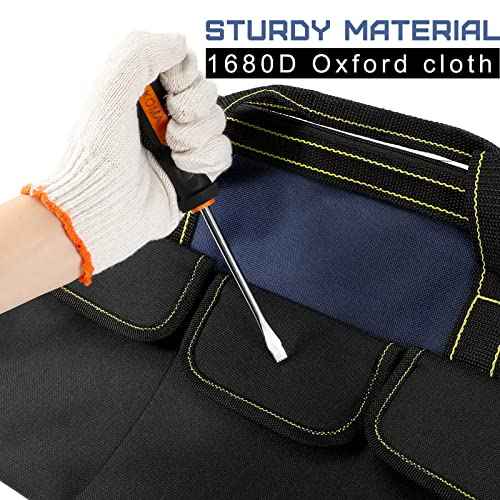 Cunno 2 Pcs Tool Bag with Waterproof Strong Molded Base Multi Pockets Wide Mouth Tool Tote Multifunctional Tool Bag Organizer Large Capacity Heavy Duty Tool Storage Bag(Blue,18 Inch, 13 Inch)