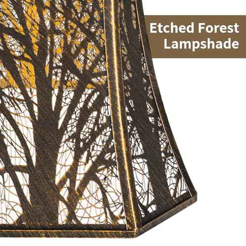 Square Cut Corner Metal Lamp Shades, 7" Top x 12" Bottom x 10.5" High Medium Bell Lampshade (Spider Fitter), Etched Forest Lampshades for Table Lamps and Floor Lamps, Bronze Gold Tree Pattern