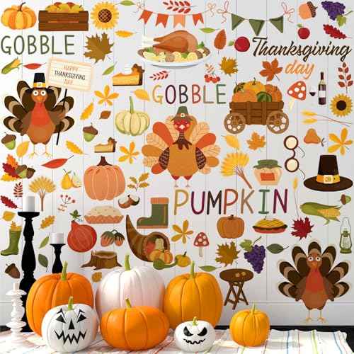 115 Pcs 6 Sheets Thanksgiving Wall Decals Fall Wall Stickers Thanksgiving Maple Leaves Turkey Pumpkin Stickers Fall Window Clings Decoration for Bedroom Living Room Home Decor(Pumpkin)