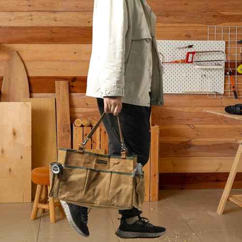 Tool Tote, Heavy Duty Waxed Canvas Wide Mouth Tool Pouch, Muti-Purpose Tool Bag with Adjustable Shoulder Strap (15 X 9.8 X 7.8 inch) | Khaki