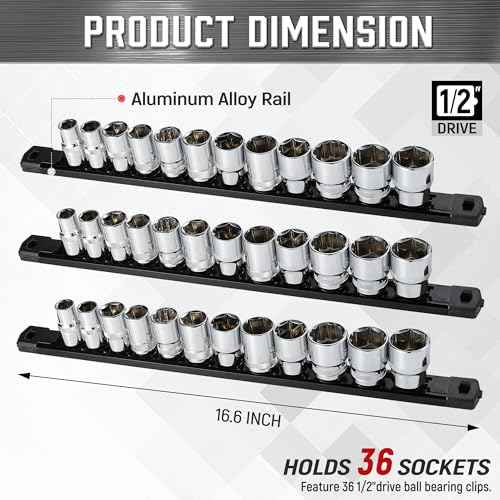 ALOANES 3-Piece Magnetic Socket Organizer, Heavy Duty Aluminum Socket Rails Organizer, 360¡Æ Swivel Clips Socket Holder Kit for Tool Box, 1/2-Inch Socket Holder x 36 Clips (Black)