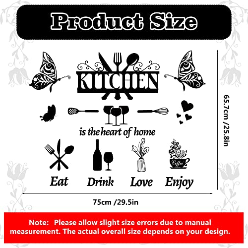 Large Kitchen Wall Decals Dining Room Quotes Wall Stickers The Kitchen is The Heart of Home Sign Decor Word Saying Lettering Wall Decals Butterfly Coffee Cup Sticker for Family Home Restaurant Decor